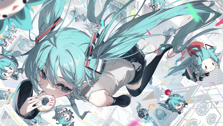 初音未来蓝发双马尾吃甜甜圈青白动漫电脑壁纸