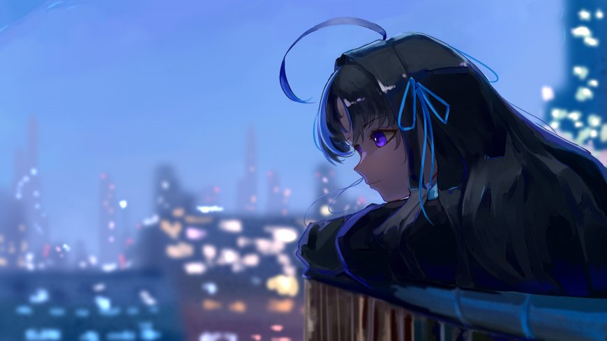 黑发紫瞳少女蓝丝带夜景城市背景蓝紫动漫电脑壁纸