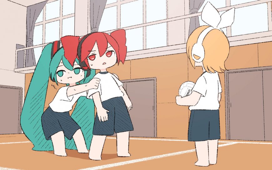 初音未来与红发少女在体育馆互动蓝绿红配色动漫电脑壁纸