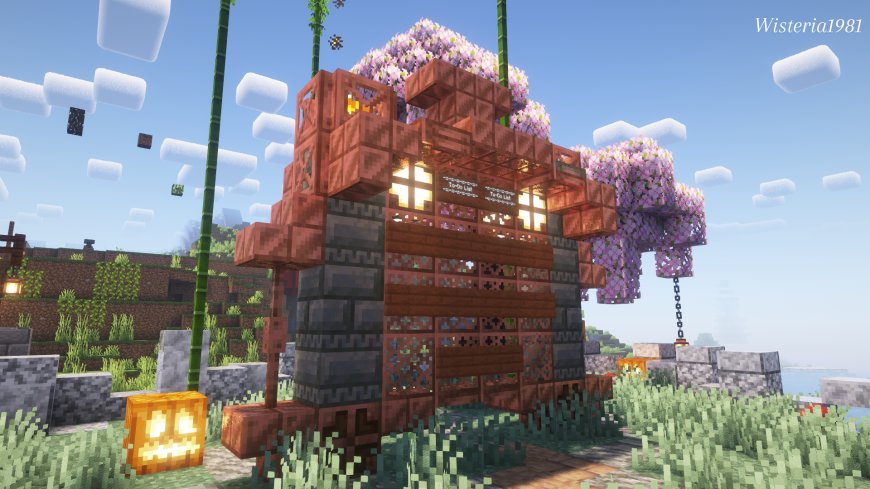 我的世界樱花木屋建筑像素风绿紫自然风景电脑壁纸
