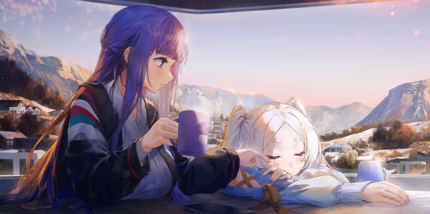 紫发少女与白发猫耳女孩共饮咖啡窗景雪山背景粉紫动漫电脑壁纸