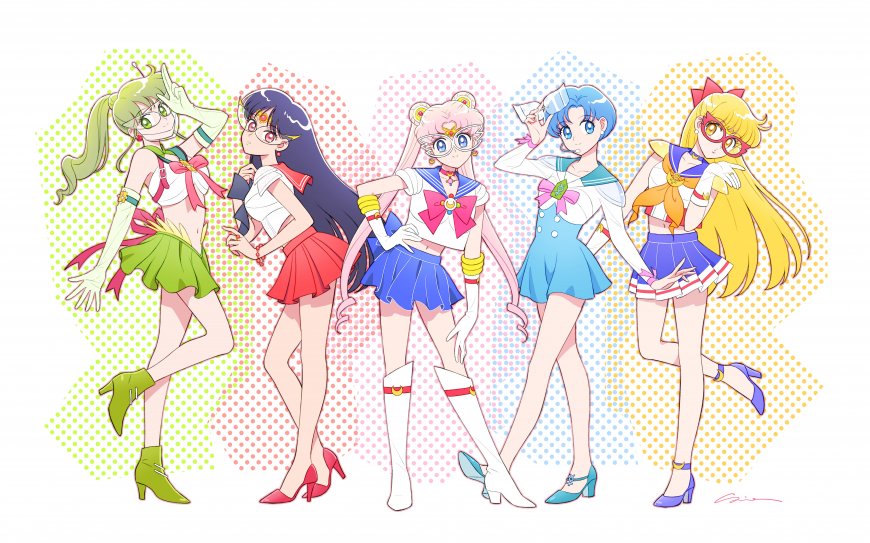 美少女战士五位水手服少女粉蓝绿黄多彩动漫电脑壁纸
