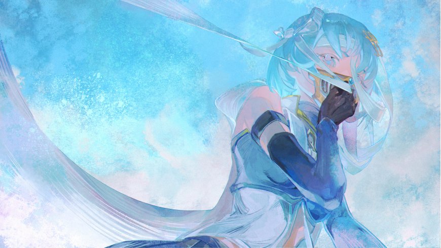 初音未来蓝发飘带遮面姿态梦幻蓝白动漫电脑壁纸