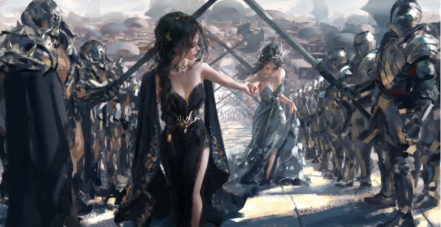 黑裙少女牵手银甲战士灰蓝奇幻插画电脑壁纸
