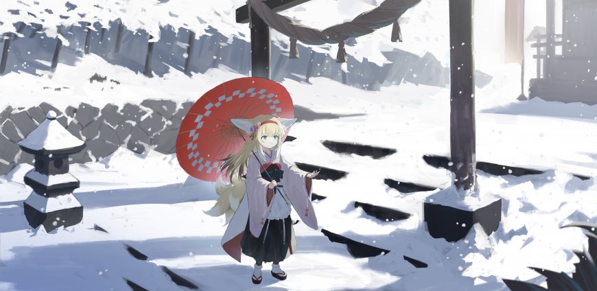 狐耳少女红伞雪景神社白蓝动漫电脑壁纸