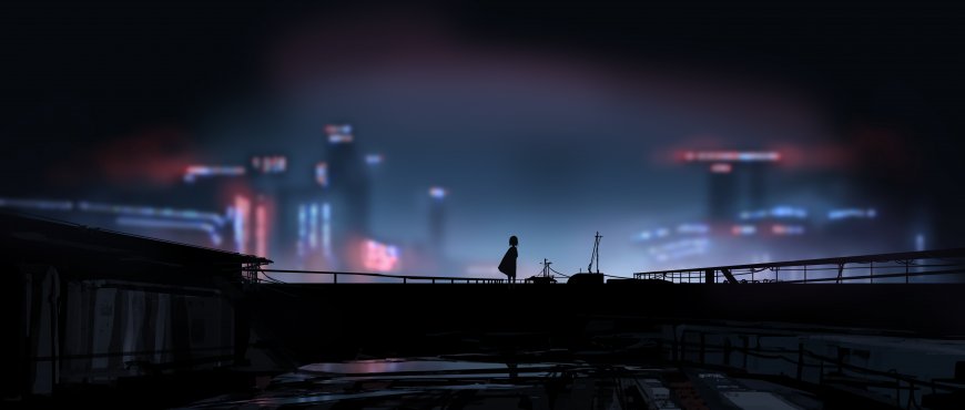 赛博朋克都市夜景少女剪影蓝紫暗调科幻电脑壁纸