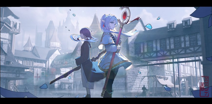 两位少女持剑与法杖站立于欧式城镇街道蓝白梦幻动漫电脑壁纸