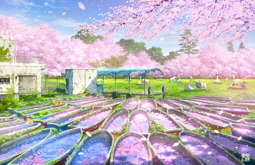 樱花纷飞湖畔游船粉紫唯美风景电脑壁纸