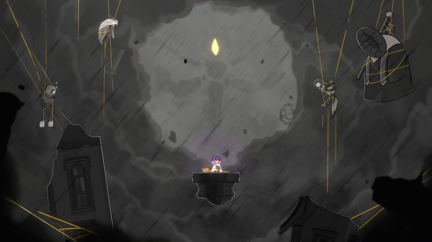 紫发少女悬浮石台雨夜黄光奇幻动漫电脑壁纸