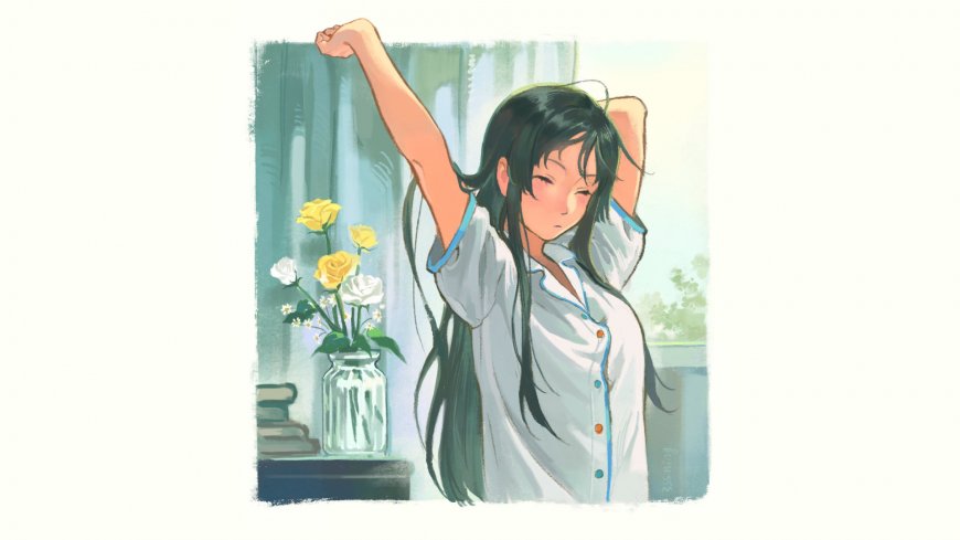 黑长直少女伸懒腰窗边晨光蓝白动漫电脑壁纸