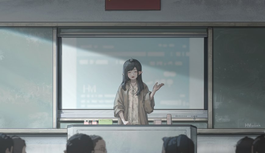 教室讲台前黑发精灵耳少女微笑讲解灰蓝动漫电脑壁纸