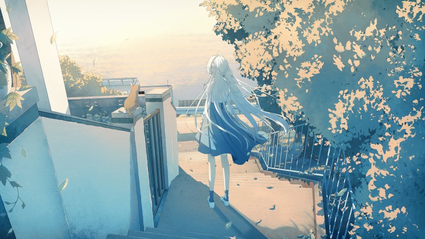 银发少女楼梯远望海景蓝金动漫电脑壁纸