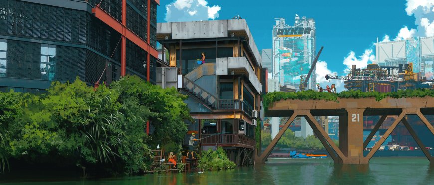 赛博朋克风格城市河畔建筑绿植与人物生活场景蓝绿调人文风土电脑壁纸