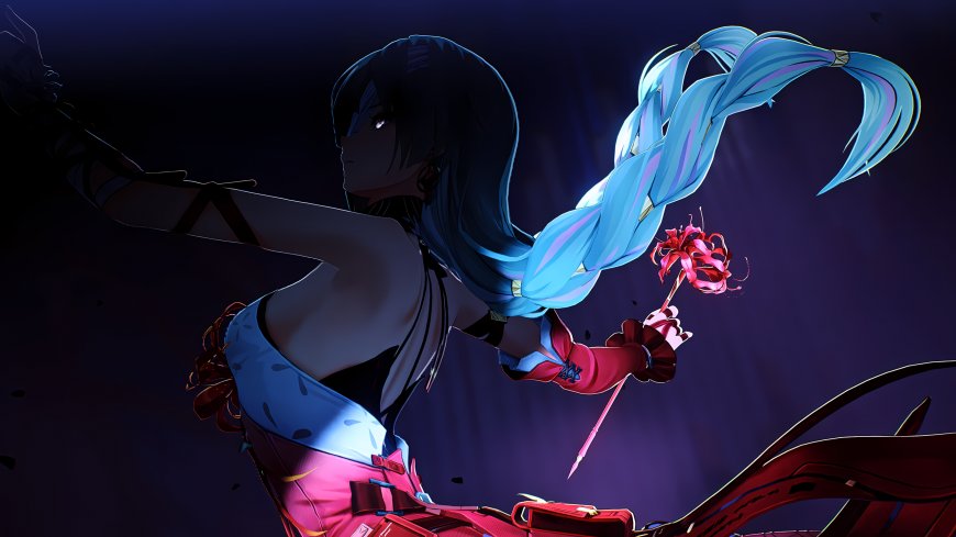 初音未来蓝双马尾持红花侧身舞动暗紫动漫电脑壁纸