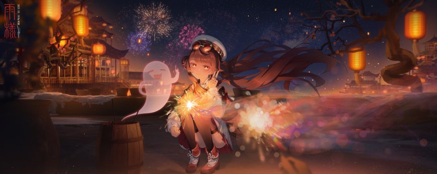 雨桥动漫少女手持烟花夜景暖橙古风动漫电脑壁纸