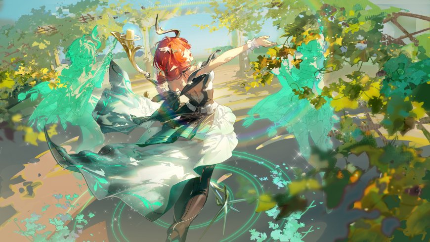 鸣潮夏空红发舞姿绿影环绕青绿梦幻动漫电脑壁纸