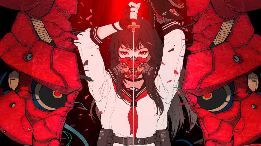 赛博朋克少女持剑破甲红黑动漫电脑壁纸