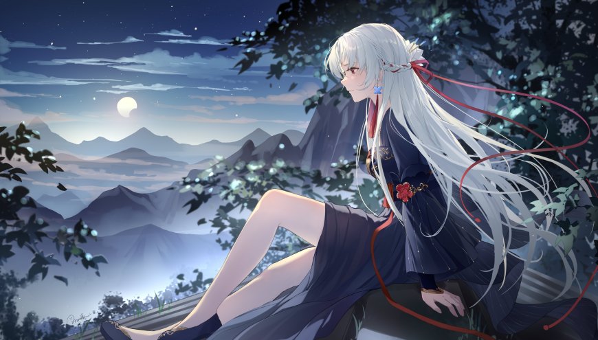 银发少女古风长裙坐山巅月夜蓝紫动漫电脑壁纸