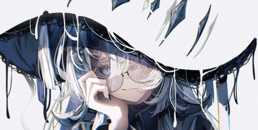 银发眼镜少女黑伞滴落蓝白动漫电脑壁纸