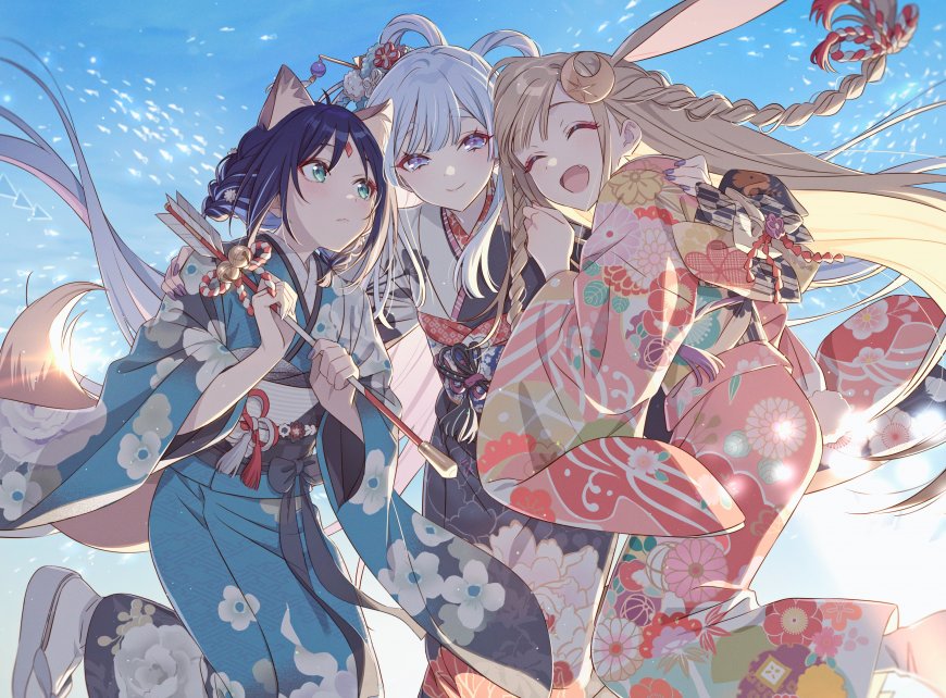 超时空辉夜姬月见八千代与酒寄彩叶 与辉夜少女花色绚丽蓝粉动画电影电脑壁纸