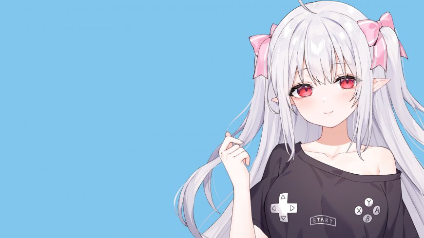 银发红瞳双马尾少女粉色蝴蝶结蓝背景动漫电脑壁纸