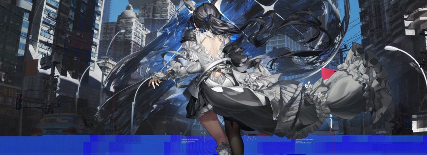 黑发少女银白洛丽塔裙装蓝黑特效都市背景动漫电脑壁纸
