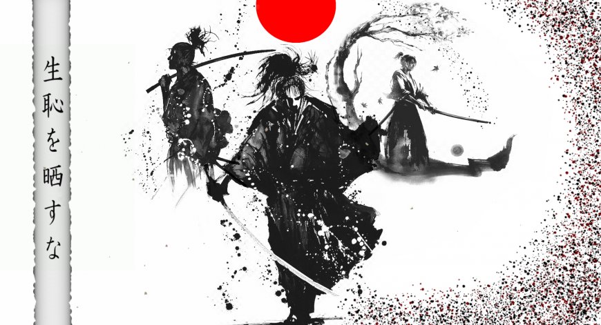 日本武士水墨风格三人持刀对峙红日背景暗黑古风电脑壁纸