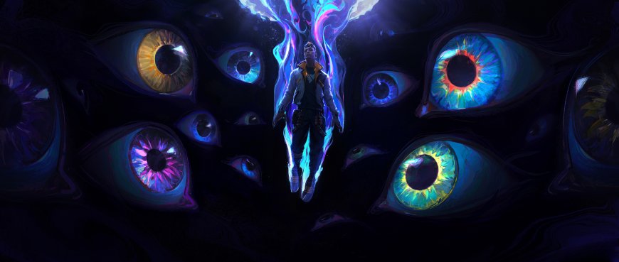 赛博朋克风格少年悬浮于霓虹巨眼漩涡中蓝紫幻彩科幻动漫电脑壁纸