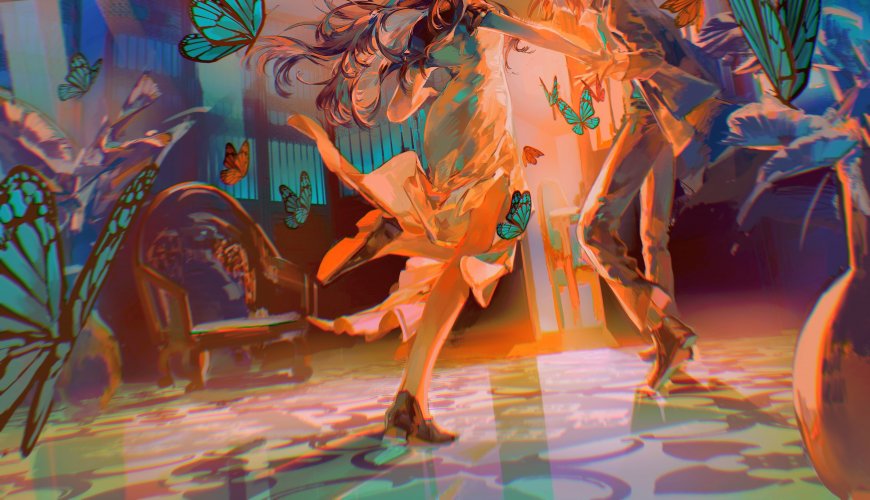 少女舞动蝴蝶环绕橙蓝幻彩动漫电脑壁纸