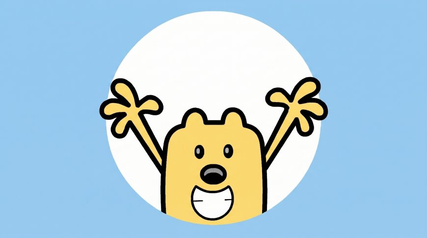 哇哦黄色小狗举手欢呼蓝白背景动漫电脑壁纸