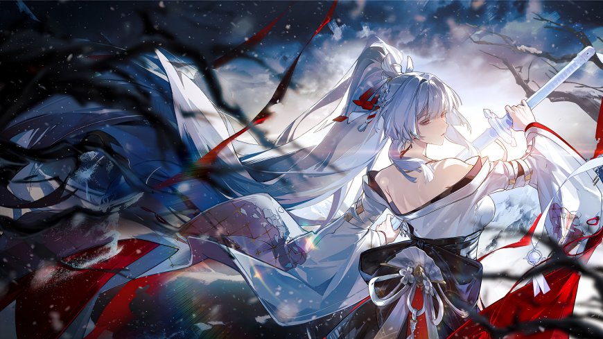 银发红瞳持剑少女雪夜战袍蓝白红动漫电脑壁纸