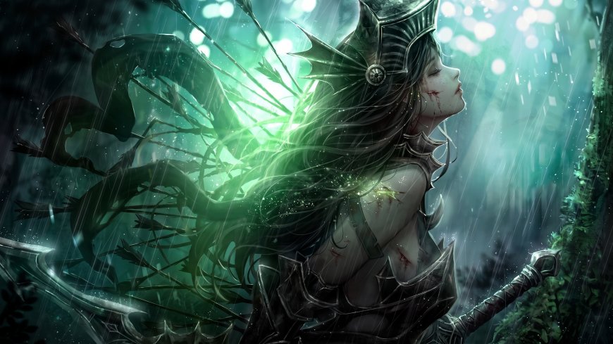 暗黑精灵少女持剑雨中闭目青绿奇幻电脑壁纸