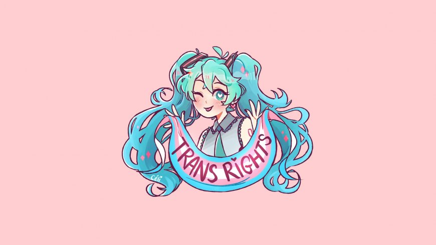 初音未来蓝发双马尾手势持彩虹旗粉紫动漫电脑壁纸