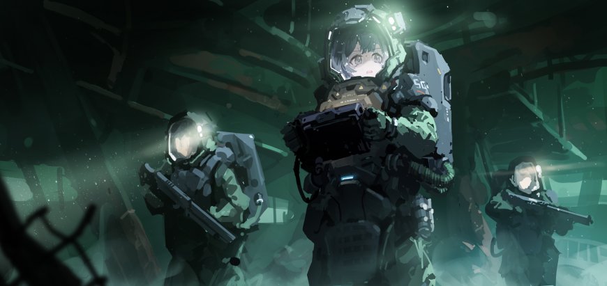 科幻风格少女战士身穿战术装甲持枪警戒暗绿科幻电脑壁纸