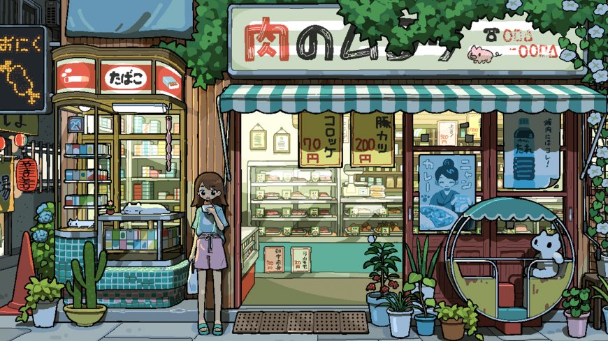 肉店街景少女驻足绿植环绕日式插画创意电脑壁纸