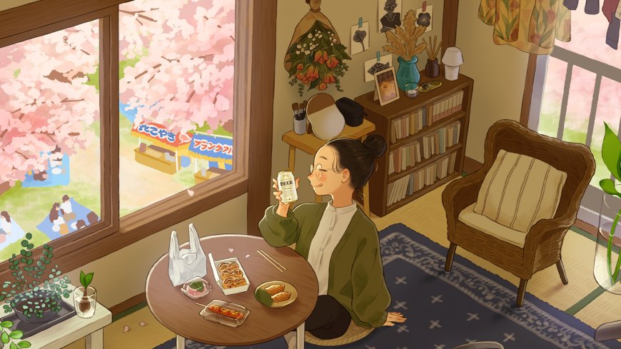 春日樱花窗景少女品酒温馨室内插画创意电脑壁纸