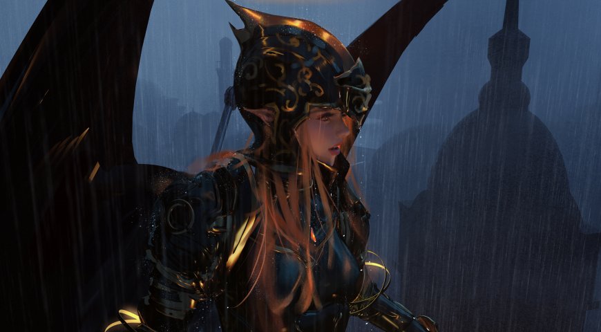 暗黑精灵女战士金纹盔甲雨夜城影奇幻电脑壁纸