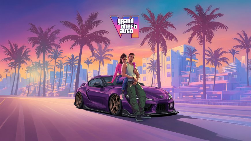 GTA 6紫色丰田跑车杰森与露西娅男女主角倚靠热带城市黄昏紫粉游戏电脑壁纸