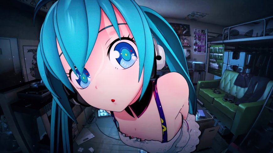 初音未来蓝发双马尾少女室内俯视视角青粉动漫电脑壁纸
