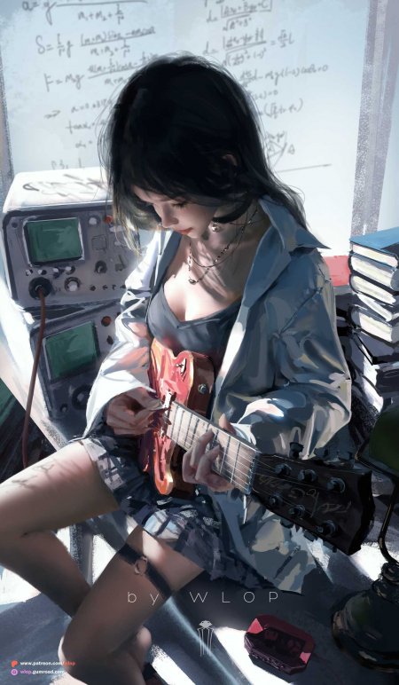 wlop云虫黑发少女弹奏红色电吉他灰蓝光影动漫手机壁纸