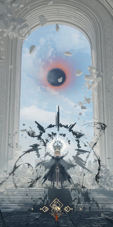 《Fate》系列 阿尔托莉雅·潘德拉贡金发黑袍持剑站立破碎拱门下暗黑奇幻动漫手机壁纸