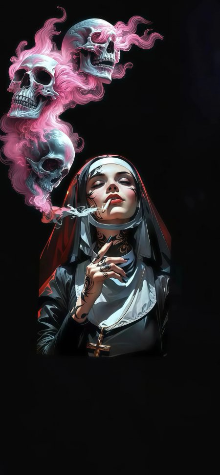 暗黑哥特修女纹身烟雾骷髅粉紫动漫手机壁纸