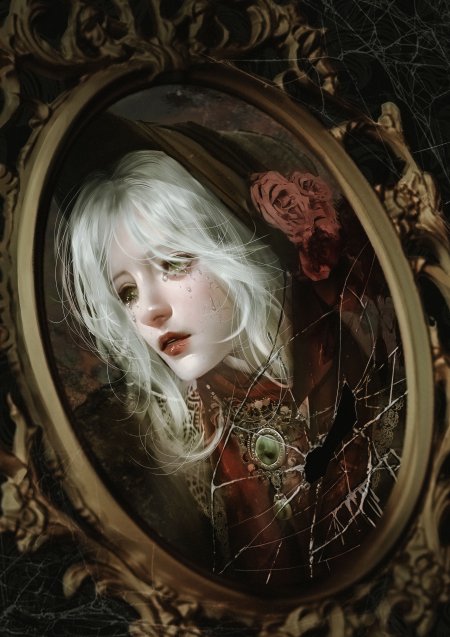 白发少女镜中凝望泪痕暗红哥特风情感文艺创意手机壁纸