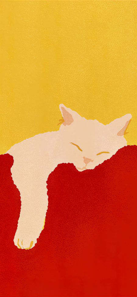 白猫蜷卧红毯金黄背景暖调萌宠手机壁纸