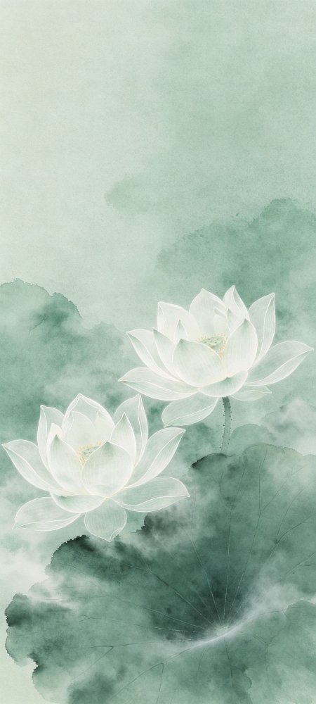 白莲绽放青绿水墨风古风绘画手机壁纸