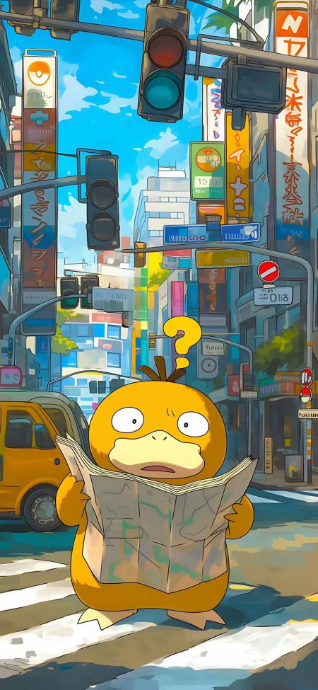 宝可梦可达鸭街头读报疑惑表情蓝白城市动漫手机壁纸
