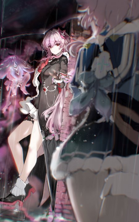 崩坏：星穹铁道长夜月三月七·毁灭粉发黑裙少女雨夜紫光动漫手机壁纸