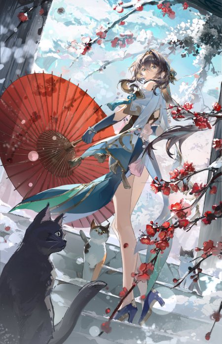 崩坏星穹铁道阮·梅持红伞踏雪赏梅蓝白古风动漫手机壁纸