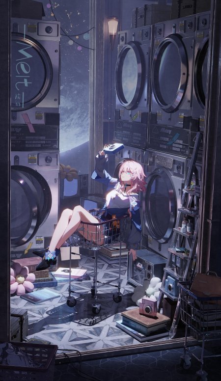 崩坏星穹铁道三月七粉发少女坐购物车手持相机紫蓝梦幻动漫手机壁纸