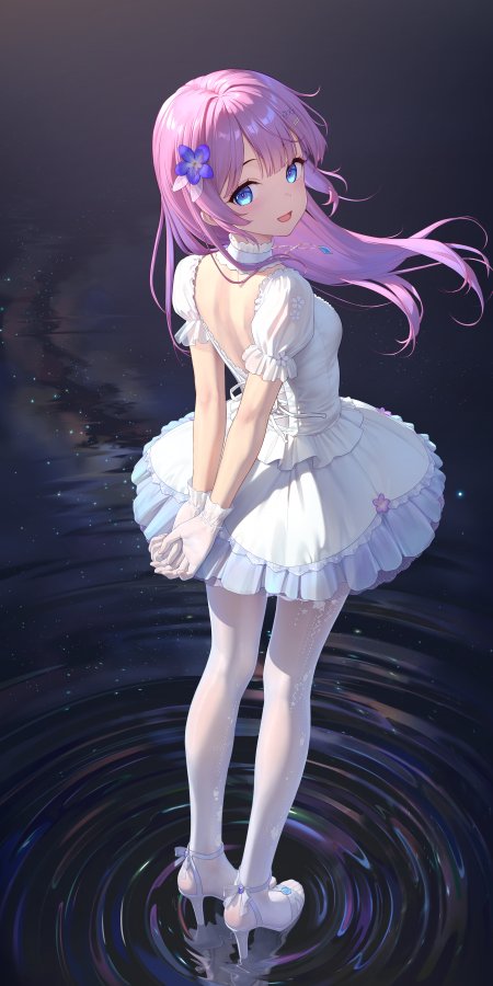 崩坏星穹铁道三月七粉色长发蓝眼少女白裙立于星辉水面紫蓝梦幻动漫手机壁纸